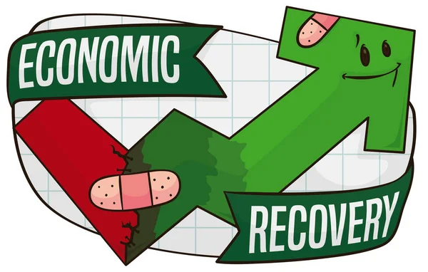 Optimistic Arrow Adhesive Bandages Squared Sign Ribbons Celebrating Economic Recovery — Stock Vector