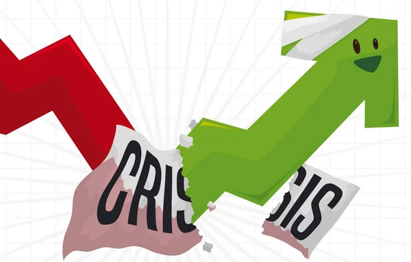 Šťastný Šíp Nahoru Obvazech Zotavení Těžkých Časů Trhání Papíru Krizovým — Stockový vektor