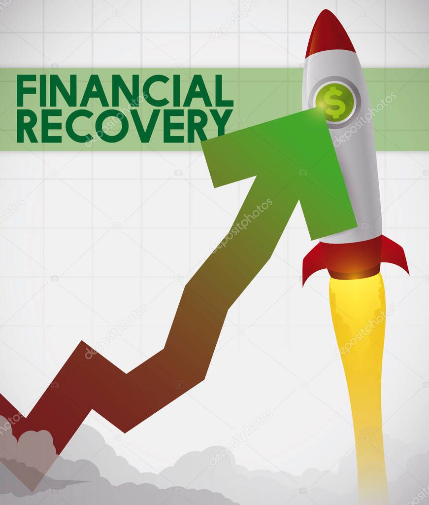 Rocket with money symbol pulling up an arrow to Financial Recovery after crisis times.