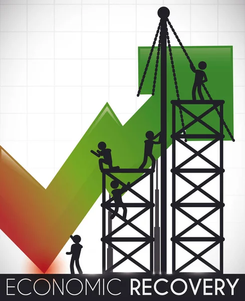 Personas Trabajando Duro Sobre Andamios Levantando Una Flecha Simbolizando Trabajo — Vector de stock