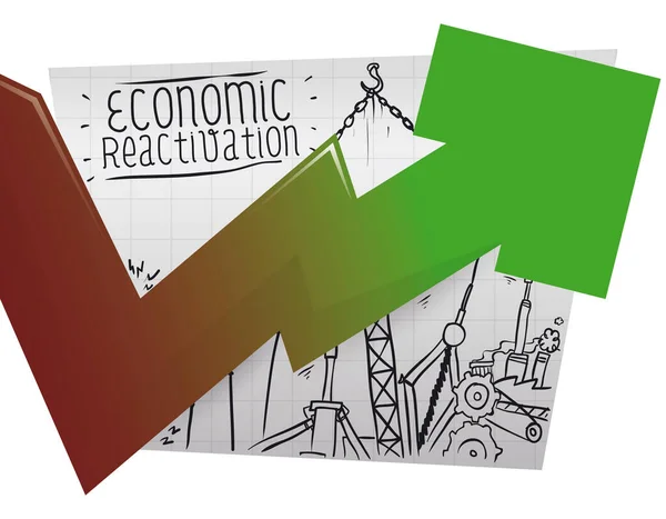 Strzałka Rysunkami Bazgrołów Kwadratowej Planszy Przedstawiającej Reaktywację Ekonomiczną Narzędziami Rusztowaniami — Wektor stockowy
