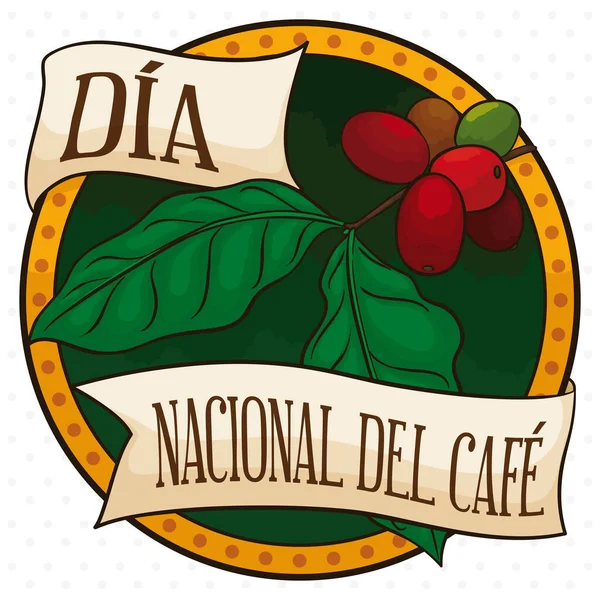 Botón Conmemorativo Decorado Con Cintas Saludo Una Muestra Planta Café — Archivo Imágenes Vectoriales