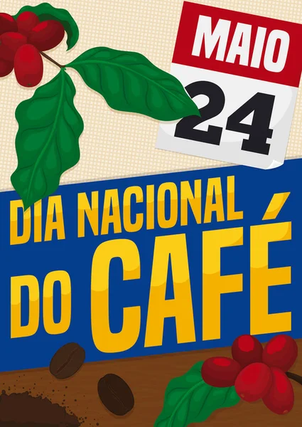 Calendário Ramos Café Com Bagas Maduras Pano Saco Placa Madeira — Vetor de Stock