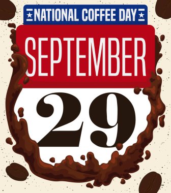 Amerikan Ulusal Kahve Günü 'nü 29 Eylül' de kutlamanızı hatırlatacak lezzetli kahve içeceği ve kızarmış fasulye içeren takvim gibi dizayn..