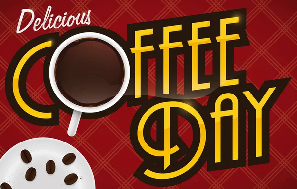 Buharlı Kahve Fincanının Üst Görüntüsü Kavrulmuş Fasulye Kırmızı Kare Masa — Stok Vektör