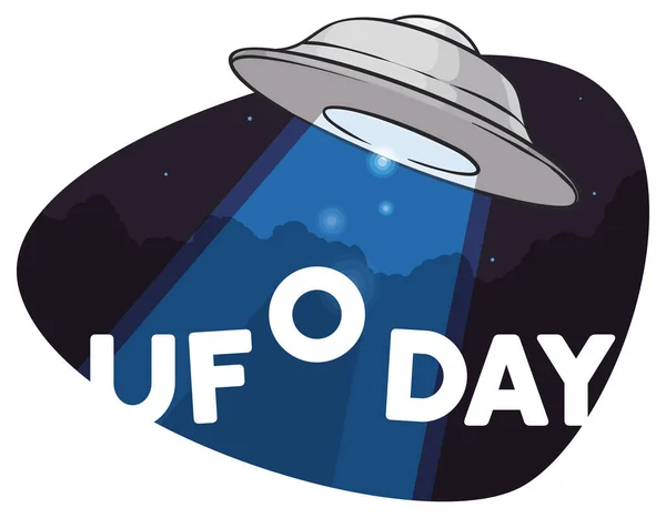 Ufoの日の記念碑の文字 を森の中の星空の夜に誘拐した空飛ぶ円盤 — ストックベクタ