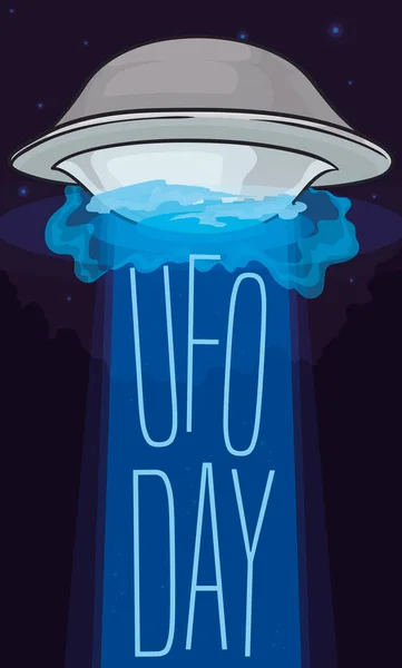 星空の下でトラクタービームでUfoの日の記念看板を誘拐 土星の形 と空飛ぶ円盤 — ストックベクタ