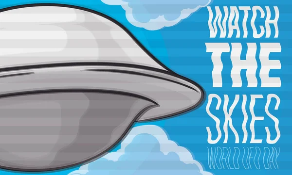 曇った日に空を見ることを促進している空を飛ぶ円盤の目撃のぼやけたビデオ記録Ufoの日 — ストックベクタ