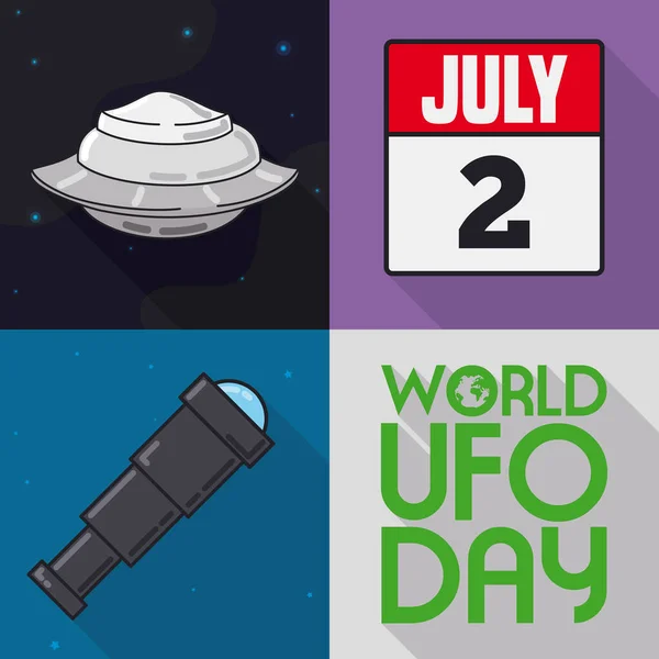 フラットスタイルと長い影でのデザイン目撃のための独特の要素を持つ世界のUfoの日を促進する 7月2日にこの特別な日を思い出させる望遠鏡 宇宙船 カレンダー — ストックベクタ