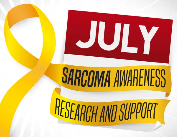 黄色缎带 上面有问候语 缠绕着一张活页日历 提醒你7月份的肉瘤意识 促进对这种疾病患者的研究和支持 — 图库矢量图片