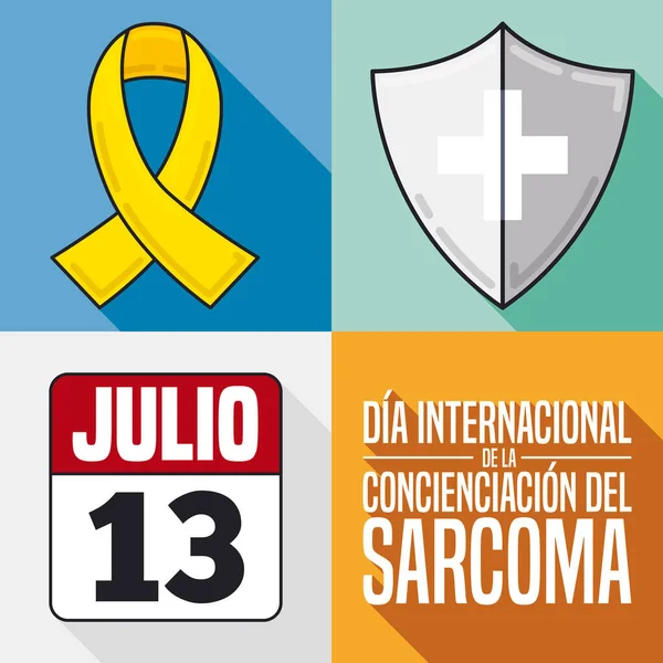庆祝国际肉瘤宣传日的扁平和长长的阴影纪念元素 用西班牙语书写 日历和十字盾牌 — 图库矢量图片