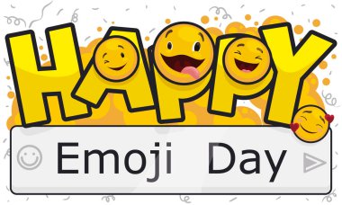 Flamalarla, konfetilerle ve gülümseyen emojilerle dolu bir parti giriş kutusuyla gününü kutluyor: biri aşık, diğeri sana göz kırpıyor, diğeri deli ve sonunda mutlu biri..