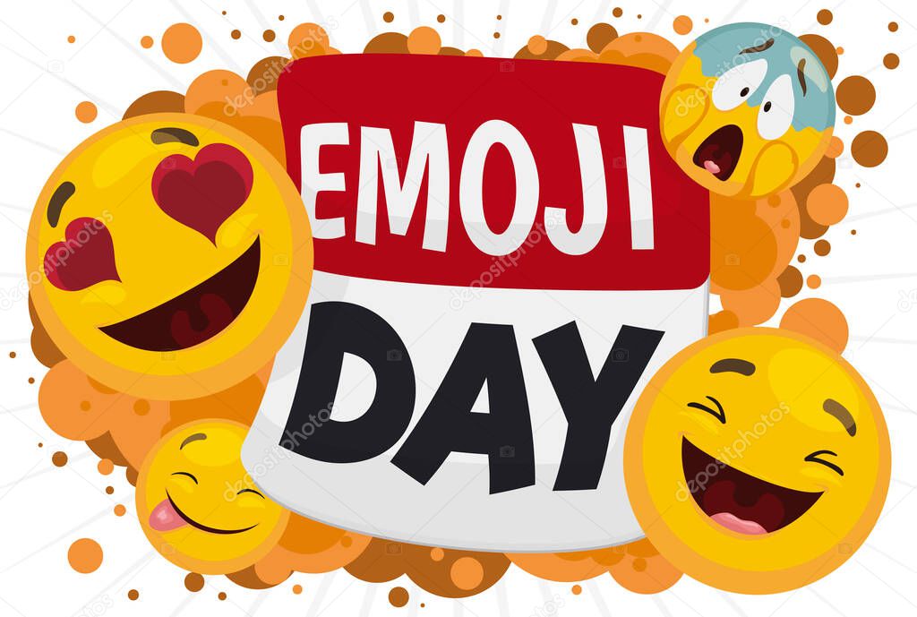 Mischievous emojis celebrating its day over calendar and promoting Emoji Day: emoticon with hearts in its eyes, another frightened, one with tongue out and finally a happy one.
