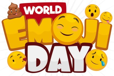 Komik yüzlü Dünya Emoji Günü 'nü kutlayan çeşitli ve haylaz duygu simgeleri: yüzlü kaka, şaşırmış, sevinç gözyaşları, dili çıkarılmış, kızardı ve bir diğeri de öpücük yolluyor..