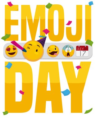 Konfetili hatıra tasarımı, farklı emojili altın selamlama ve etiket: takvim, gözler için kalbe aşık, dilsiz çılgın, parti yüzü ve korkmuş yüz.