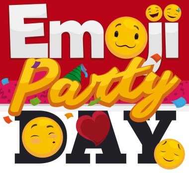 Mutlu emojili gevşek yapraklı takvim tasarımı gününü parti şapkası ve konfeti duşuyla kutluyor: tatlı yüz, öpüşme, huzur, gülme ve ter içinde sırıtış..