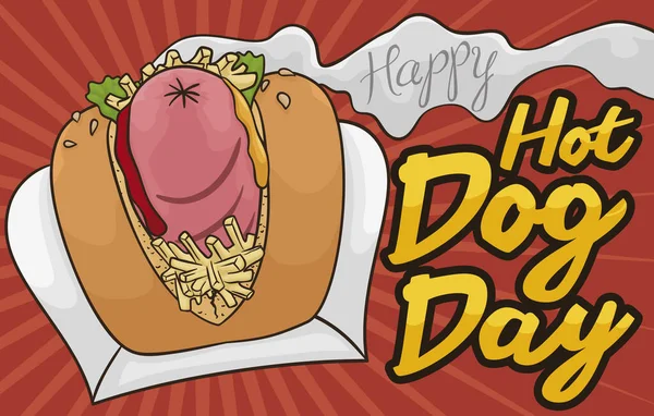 Delicioso Hot Dog Estilo Callejero Con Papas Fritas Mostaza Ketchup — Vector de stock