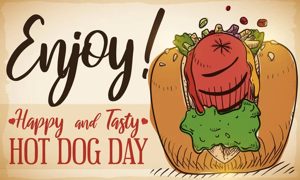 Banner Conmemorativo Con Delicioso Hot Dog Estilo Dibujado Mano Brillos — Archivo Imágenes Vectoriales