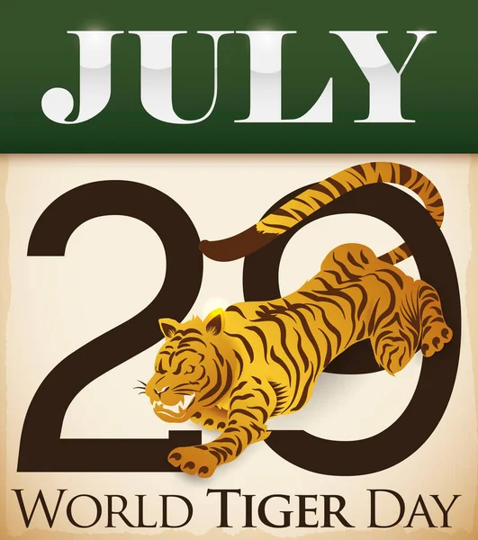 世界タイガーデーでの努力を記念するために推進虎とリマインダーの日付とローズリーフカレンダー — ストックベクタ