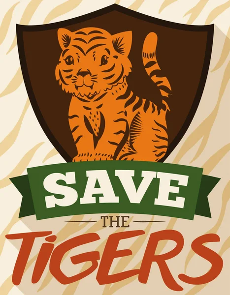 Silhueta Tigre Bonito Sobre Escudo Fita Promovendo Para Salvar Tigres —  Vetores de Stock