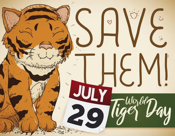 Lindo Tigre Estilo Dibujado Mano Con Clamor Promoviendo Los Esfuerzos — Archivo Imágenes Vectoriales