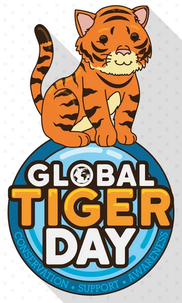 Flat Design Long Shadow Presenting Cute Tiger Button Decorated Globe — Stock Vector