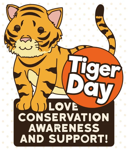 Lovely Tiger Standing Squared Sign Green Shield Promoting Awareness Conservation — Stock Vector
