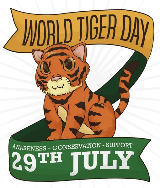 今年7月29日 为了庆祝世界老虎日 小熊宝宝站在中间 带着一些戒律来宣传 保护和支持世界老虎日 — 图库矢量图片