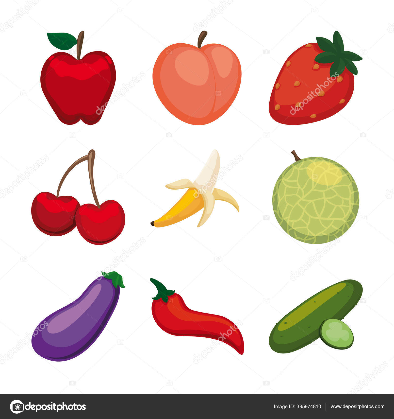 Ensemble Frais Coquin D'emojis Fruits Légumes Pomme Pêche Fraise
