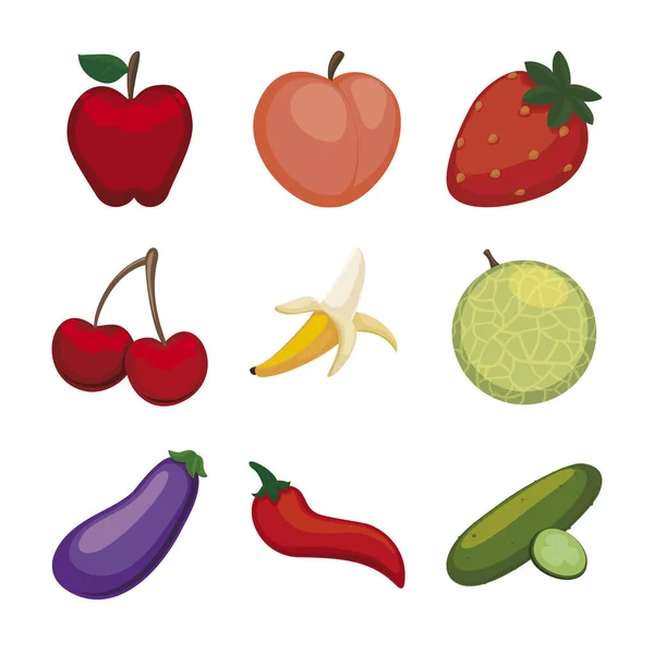 Fresco Poco Travieso Conjunto Emojis Frutas Verduras Manzana Melocotón Fresa — Archivo Imágenes Vectoriales