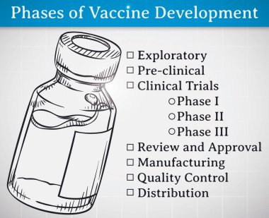 Aşı geliştirme aşamalarının listesi. Elle çizilmiş bir aşı şişesi ile birlikte..