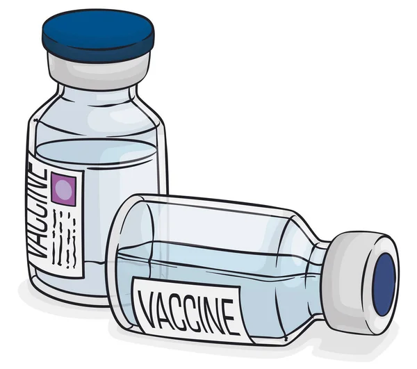 Vaccin Flacons Glazen Flessen Stickers Ene Naar Beneden Andere Met — Stockvector