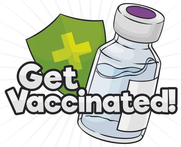 Flaconcino Vaccino Scudo Verde Decorato Con Croce Promuovendo Prevenzione Medica — Vettoriale Stock