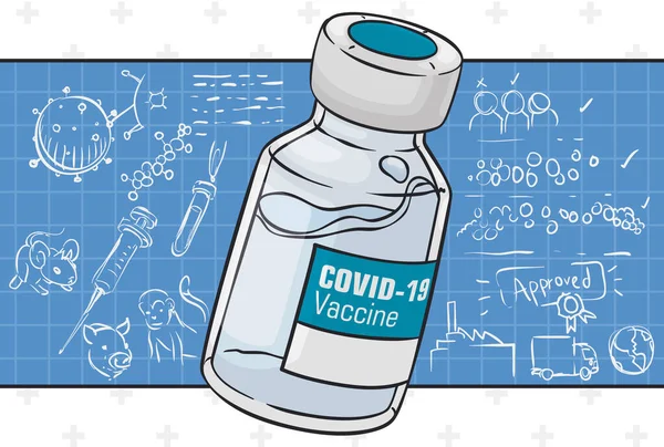 Covid Vaccin Flacon Blauw Kwadraat Label Met Doodles Waarin Ontwikkelingsfasen — Stockvector