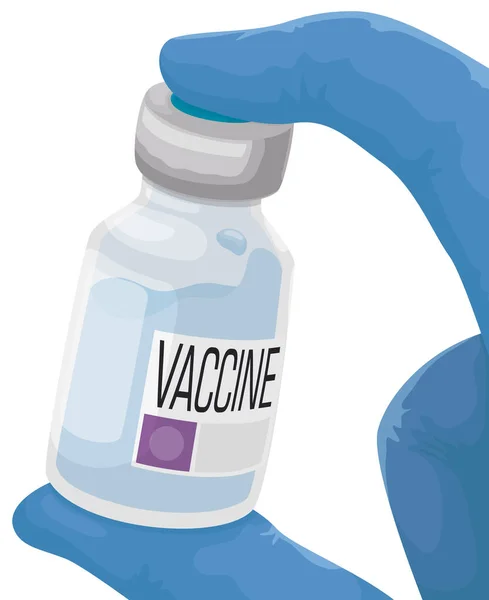 Vvmラベル付きワクチン瓶を保持青い外科手袋を身に着けている手で前景 — ストックベクタ
