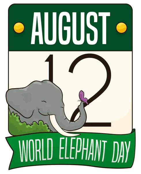 世界象の日のためのリマインダの日付とグリーティングリボン付きの葉のカレンダー そのトランク蝶と笑みを浮かべて象の保持で飾られました — ストックベクタ