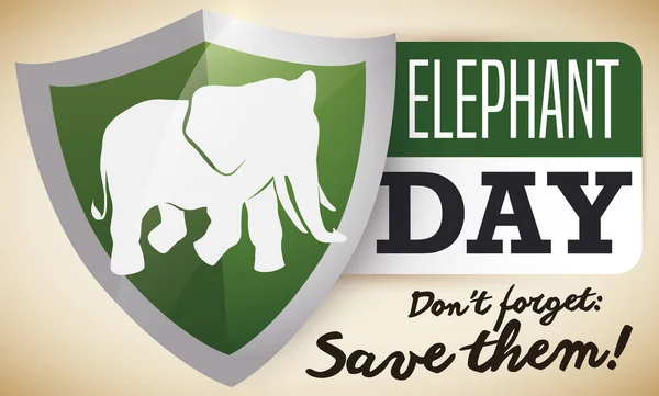 带着提醒标志的卷轴 用大象的轮廓作为盾牌 在这一天宣传拯救它的动物 大象日 — 图库矢量图片