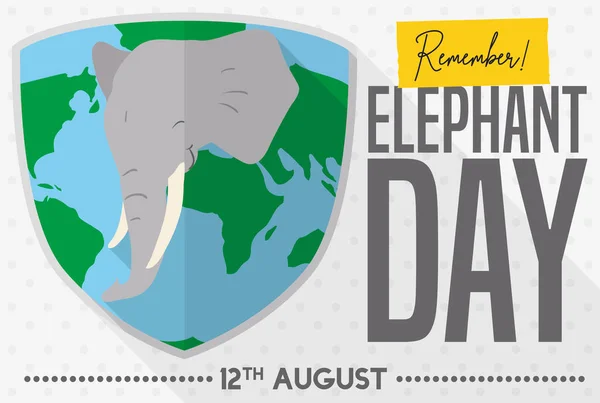 Escudo Mapa Del Mundo Cara Elefante Feliz Recordándote Celebrar Día — Vector de stock