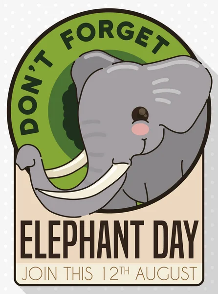 八月十二日是世界大象日 纽扣上可爱的大象脸 提醒人们不要忘记世界大象日的庆祝活动 — 图库矢量图片