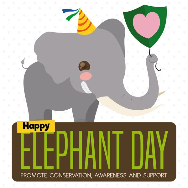 一个派对上可爱而快乐的大象 头戴一顶帽子 拿着一只气球 像个心地善良的盾牌 纪念大象日 — 图库矢量图片