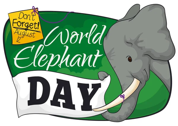 绿色标志 可爱的大象拿着面料 黄色的纸条和提醒绳 别忘了纪念世界大象日 — 图库矢量图片