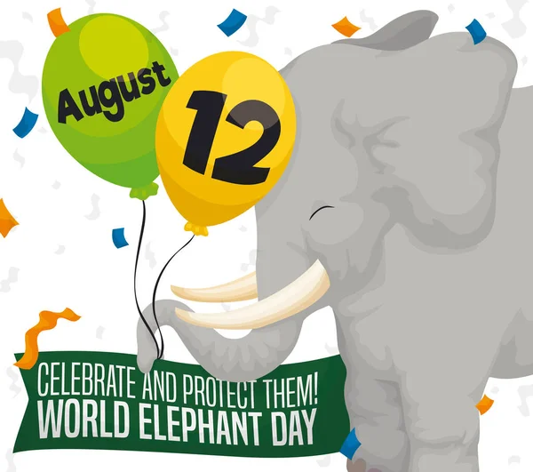 Elefante Feliz Uma Festa Segurando Com Seus Balões Lembrete Tronco — Vetor de Stock