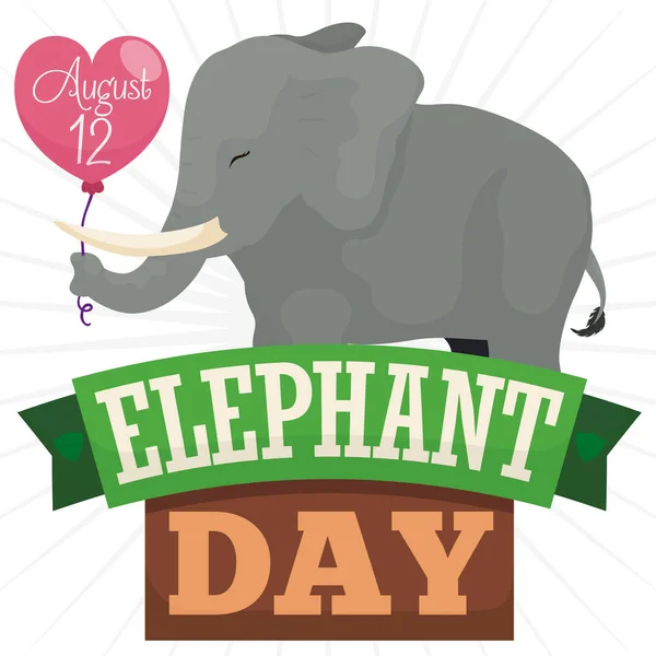 在8月12日庆祝大象日的时候 快乐的雌性大象抱着一个心形气球和它的行李箱盖在问候带上 — 图库矢量图片