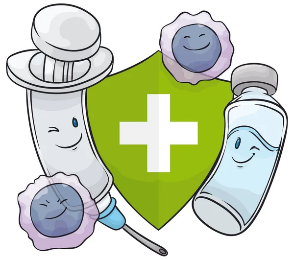 ワクチン接種キャンペーン幸せなキャラクターで予防接種を促進する ウィンク注射器 ワクチンバイアル 笑顔のリンパ球と盾クロス装飾 — ストックベクタ