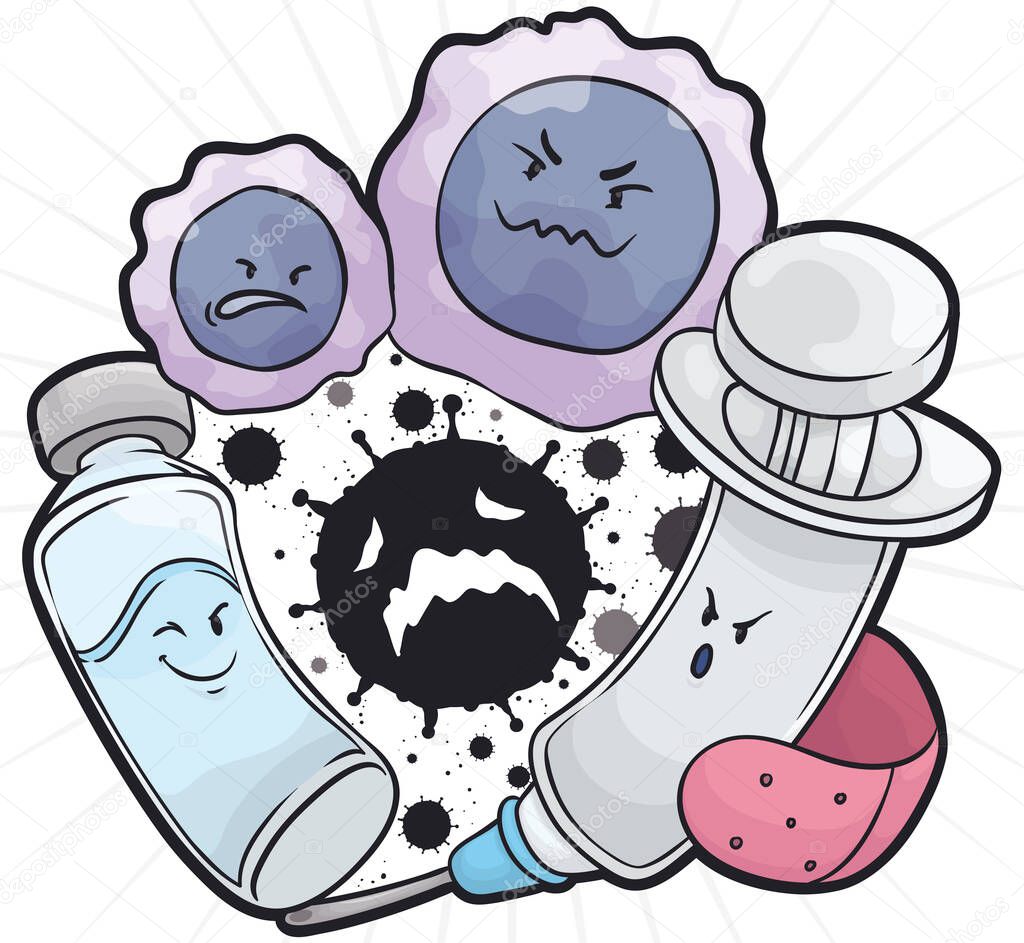 Medical plaster, vaccine vial, syringe and white blood cells -lymphocytes- attacking a virus, showing the importance of vaccination to prevent and defeat diseases.