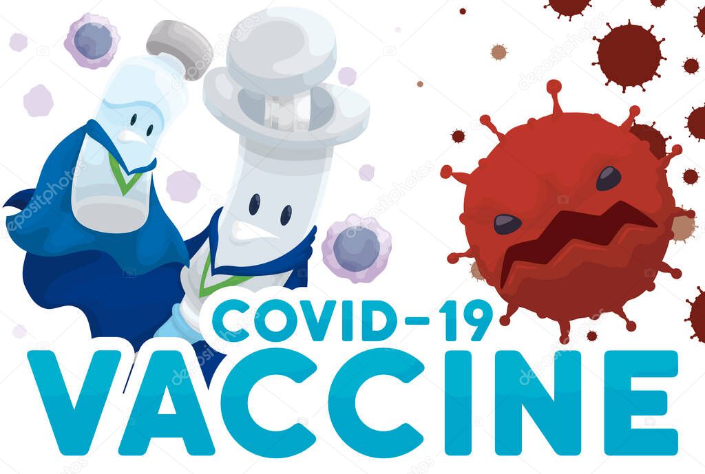 Medical super heroes wearing cloaks and ready to battle: vaccine vial, syringe and lymphocytes pursuing its archenemy, the COVID-19 coronavirus.