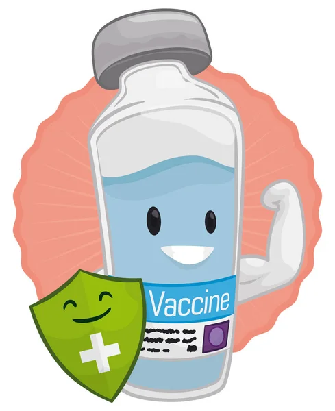 钮扣上可爱的疫苗瓶 弯曲二头肌 带着微笑的盾牌 保护和拯救生命不受疾病的侵袭 — 图库矢量图片