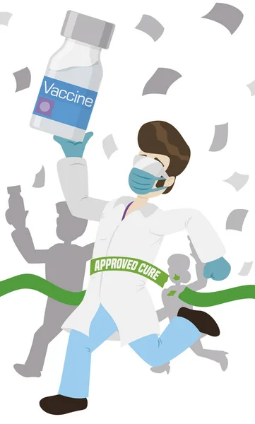 Badacz Medyczny Trzymający Fiolkę Swoimi Kolegami Wygrywając Wyścig Zatwierdzenie Szczepionki — Wektor stockowy