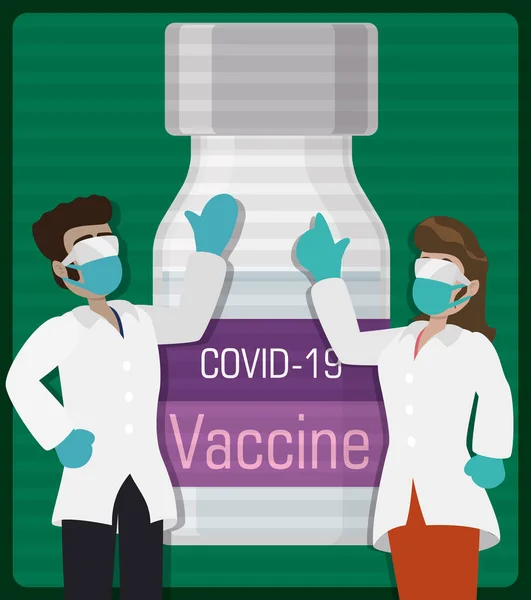 Пара Медичних Дослідників Які Просувають Нове Відкриття Вакцина Проти Covid — стоковий вектор