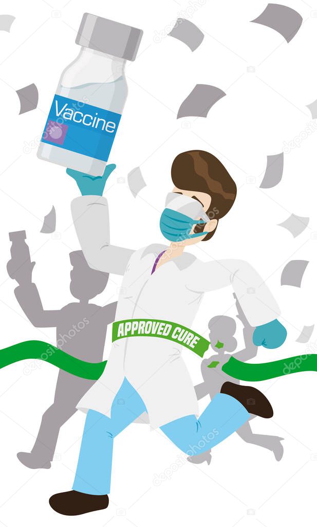 Medical researcher holding a vaccine vial with his colleagues, winning the approval race to discover the vaccine, distribute it and save lives.
